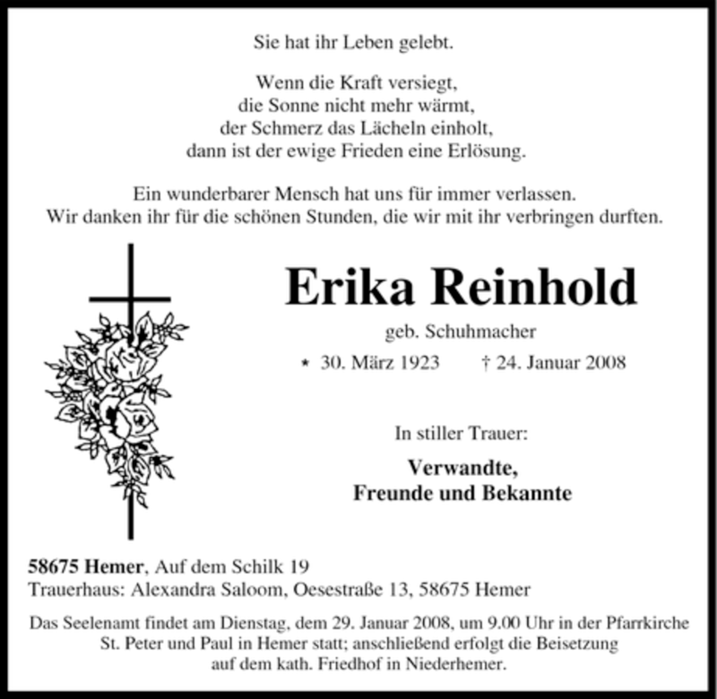 Traueranzeigen Von Erika Reinhold Trauer In NRW De