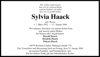 Traueranzeigen Von Sylvia Haack Trauer In Nrw De