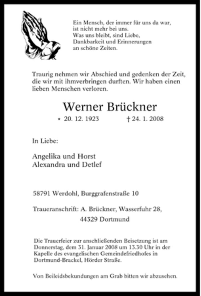 Traueranzeigen Von Werner Br Ckner Trauer In Nrw De