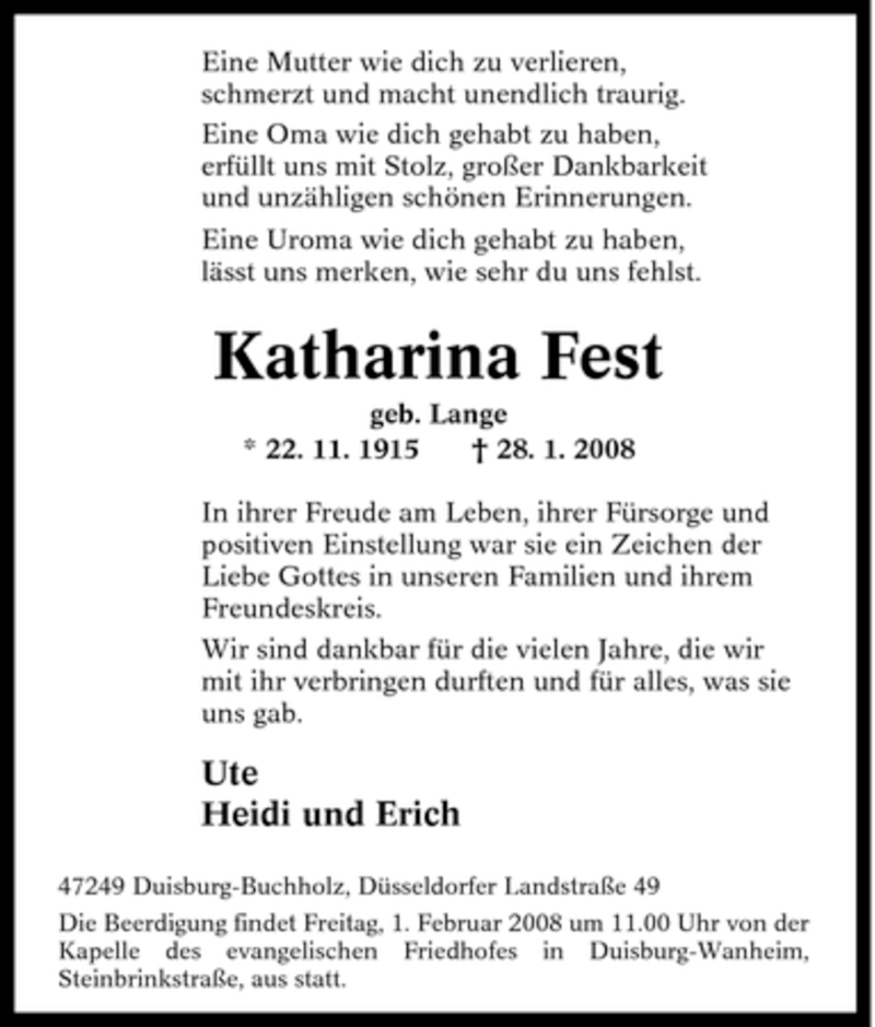 Traueranzeigen Von Katharina Fest Trauer In NRW De