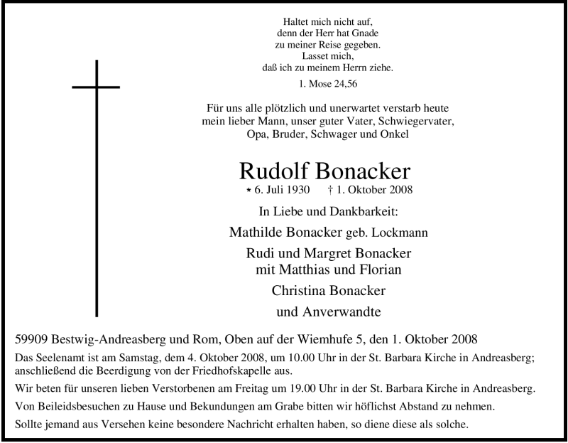 Traueranzeigen Von Rudolf Bonacker Trauer In NRW De