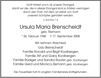 Traueranzeigen Von Ursula Maria Brenscheidt Trauer In Nrw De