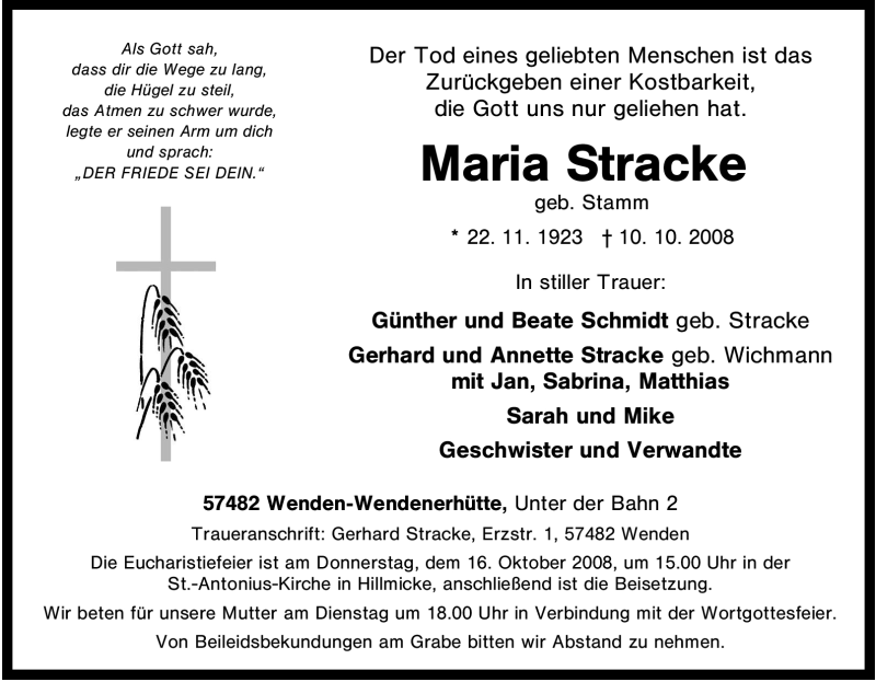 Traueranzeigen Von Maria Stracke Trauer In NRW De