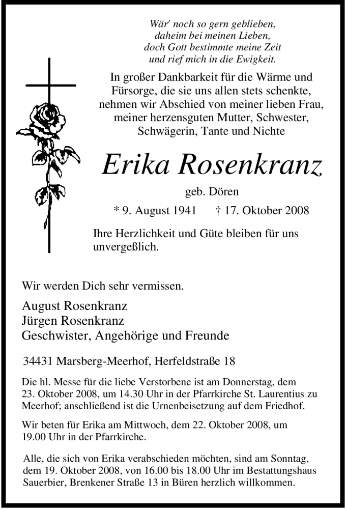 Traueranzeigen Von Erika Rosenkranz Trauer In Nrw De