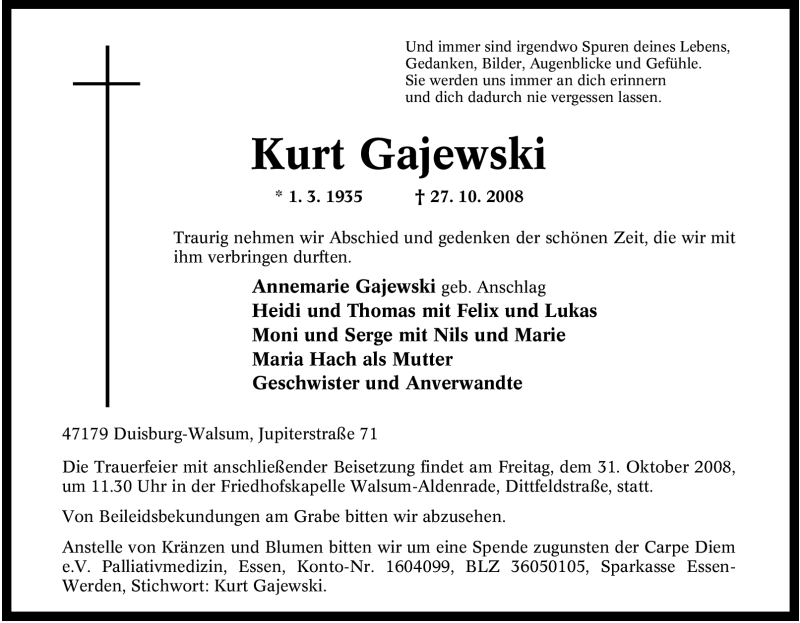 Traueranzeigen Von Kurt Gajewski Trauer In NRW De