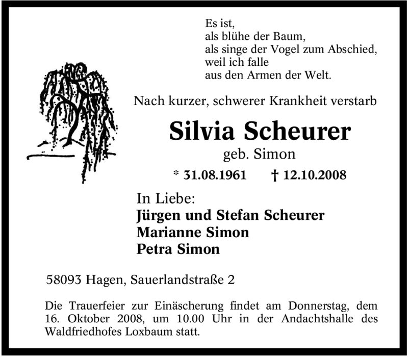 Traueranzeigen Von Silvia Scheurer Trauer In NRW De