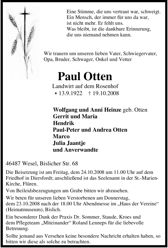 Traueranzeigen Von Paul Otten Trauer In NRW De