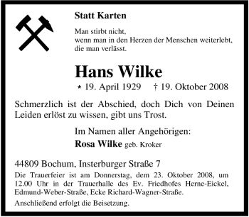 Traueranzeigen Von Hans Wilke Trauer In Nrw De