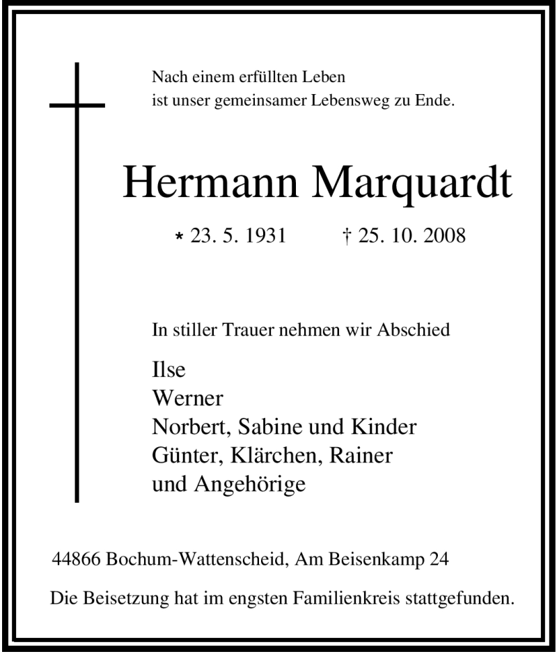 Traueranzeigen Von Hermann Marquardt Trauer In Nrw De