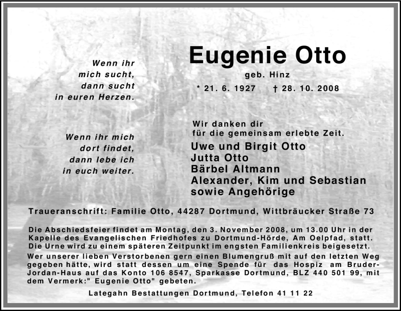 Traueranzeigen Von Eugenie Otto Trauer In Nrw De