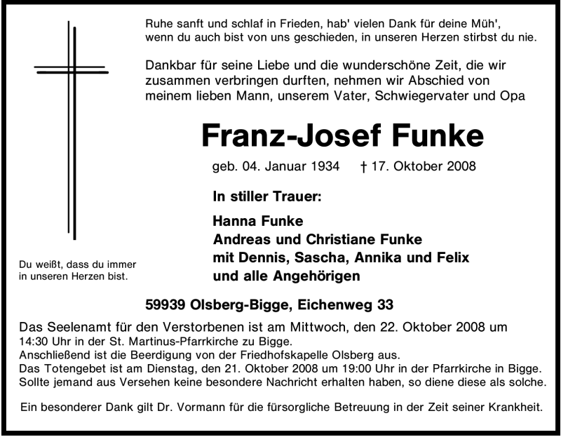 Traueranzeigen Von Franz Josef Funke Trauer In Nrw De