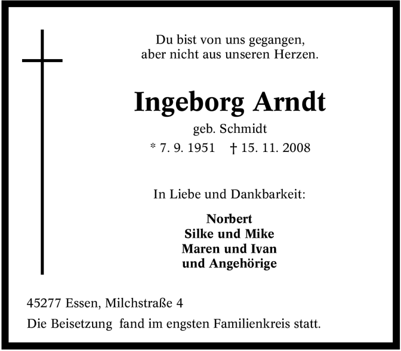 Traueranzeigen Von Ingeborg Arndt Trauer In Nrw De