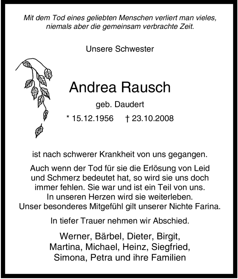 Traueranzeigen Von Andrea Rausch Trauer In Nrw De