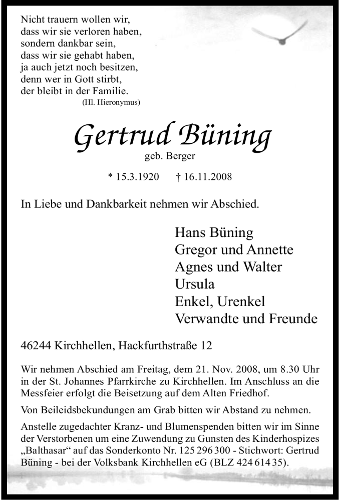 Traueranzeigen Von Gertrud B Ning Trauer In Nrw De