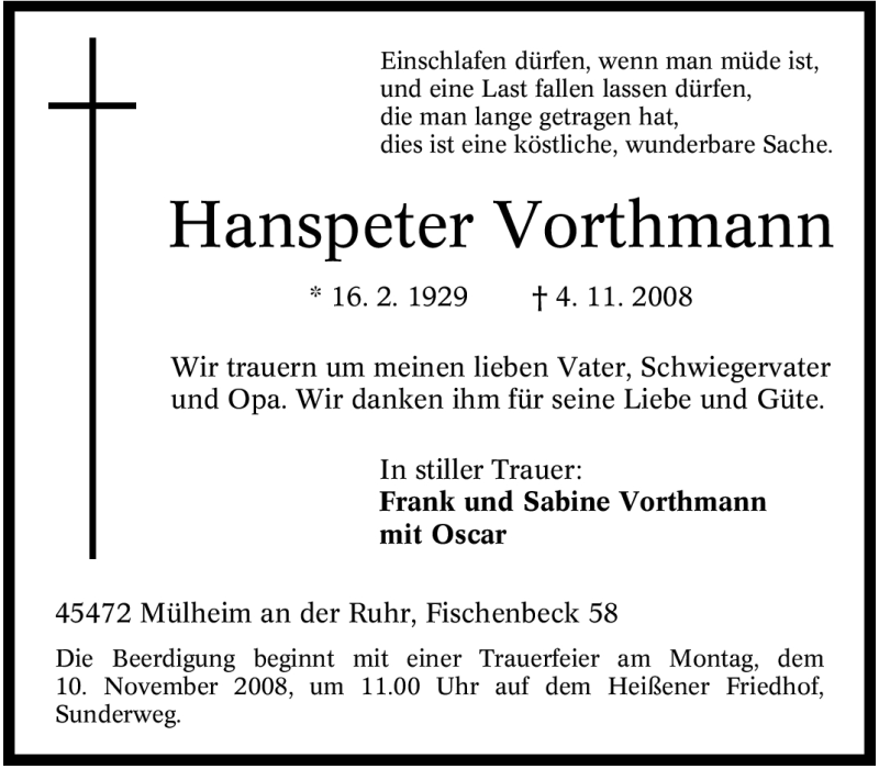 Traueranzeigen Von Hanspeter Vorthmann Trauer In NRW De