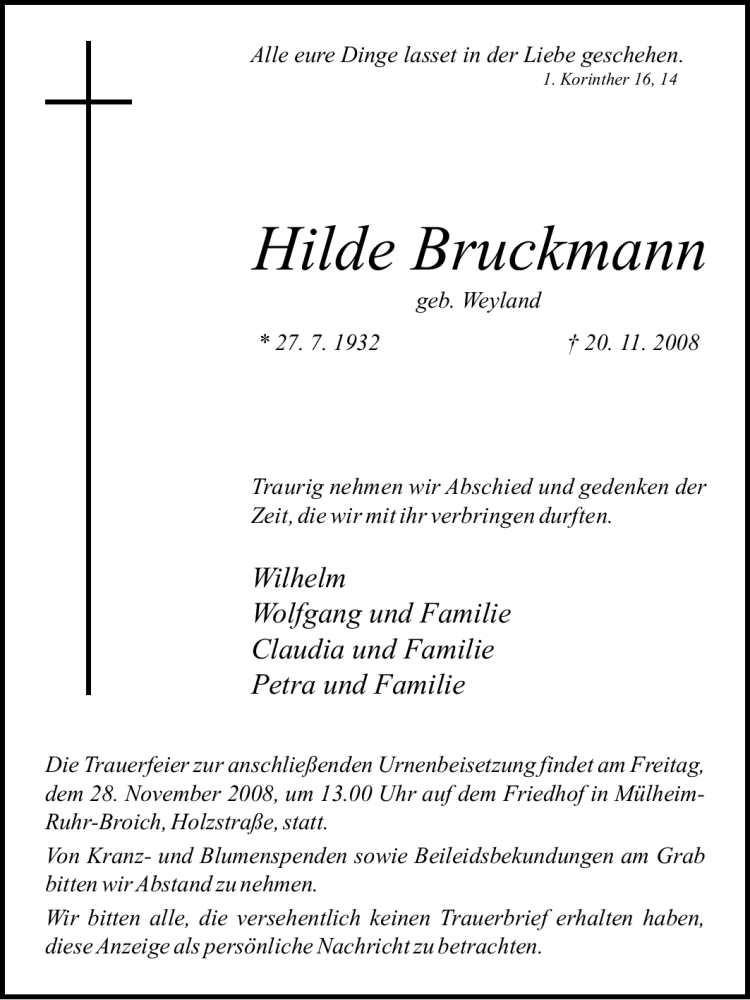 Traueranzeigen Von Hilde Bruckmann Trauer In Nrw De