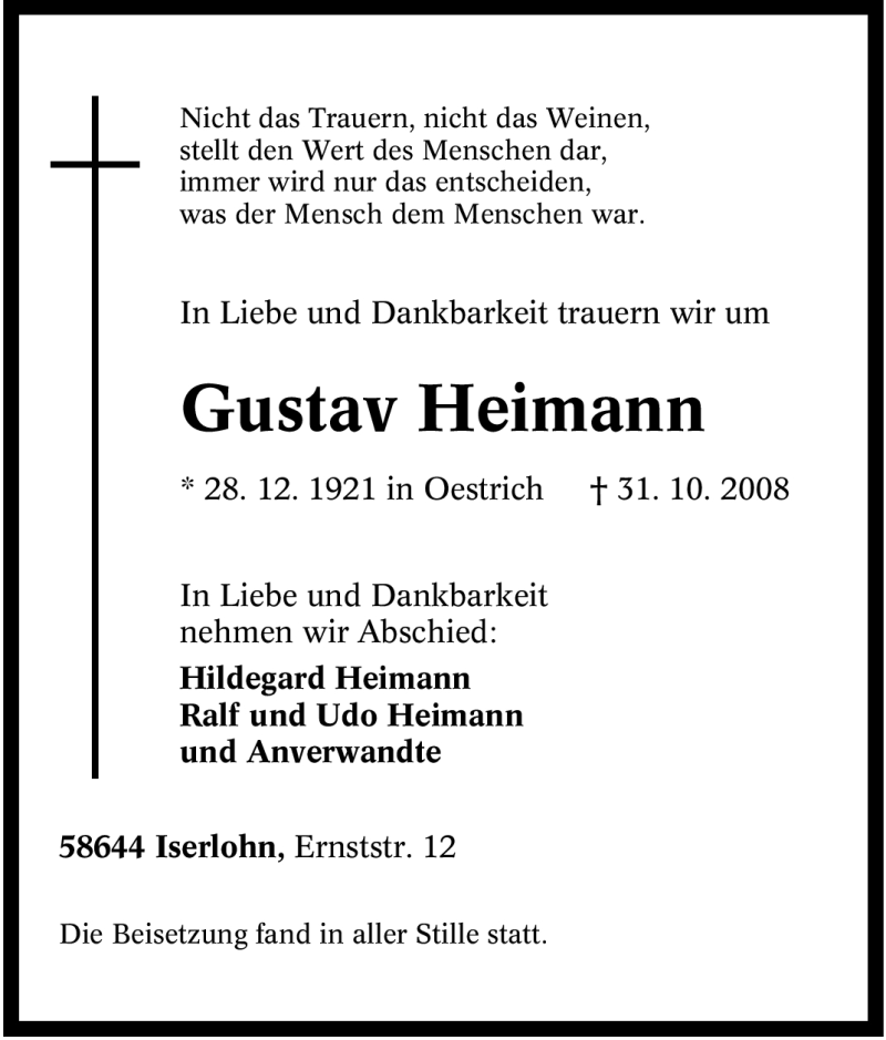 Traueranzeigen Von Gustav Heimann Trauer In NRW De