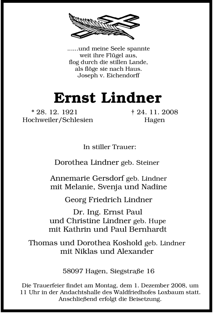 Traueranzeigen Von Ernst Lindner Trauer In Nrw De