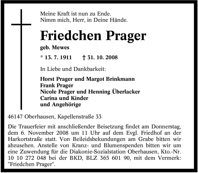 Traueranzeigen Von Friedchen Prager Trauer In Nrw De