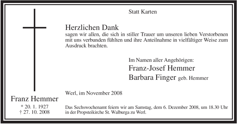 Traueranzeigen Von Franz Hemmer Trauer In Nrw De