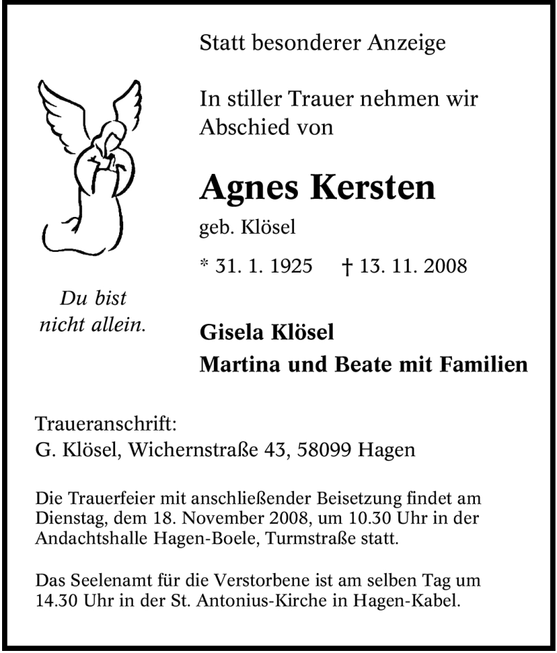 Traueranzeigen Von Agnes Kersten Trauer In Nrw De