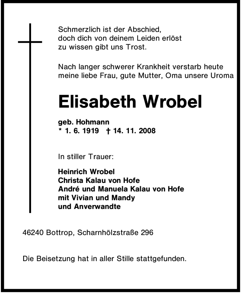 Traueranzeigen Von Elisabeth Wrobel Trauer In Nrw De