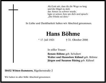 Traueranzeigen von Hans Böhme Trauer in NRW de