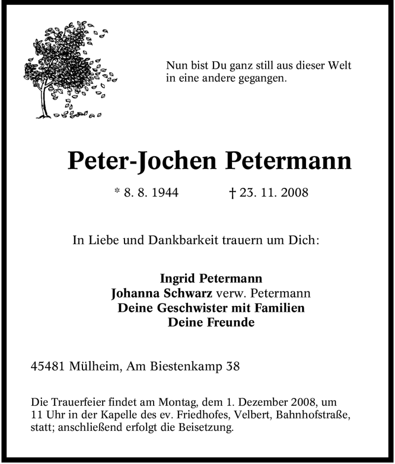 Traueranzeigen Von Peter Jochen Petermann Trauer In NRW De