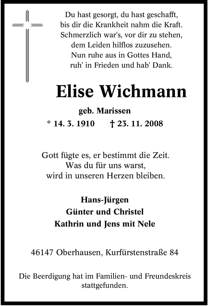 Traueranzeigen Von Elise Wichmann Trauer In Nrw De