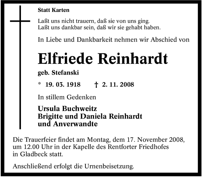 Traueranzeigen Von Elfriede Reinhardt Trauer In NRW De