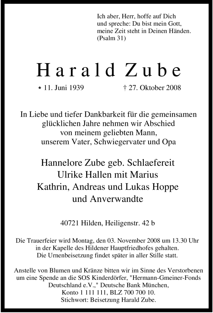 Traueranzeigen Von Harald Zube Trauer In NRW De