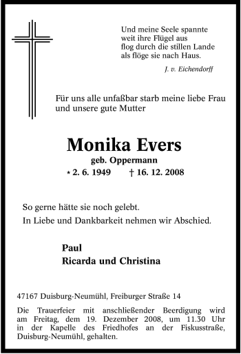 Traueranzeigen Von Monika Evers Trauer In NRW De