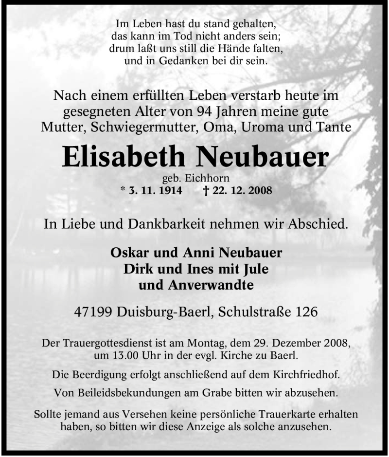 Traueranzeigen Von Elisabeth Neubauer Trauer In Nrw De