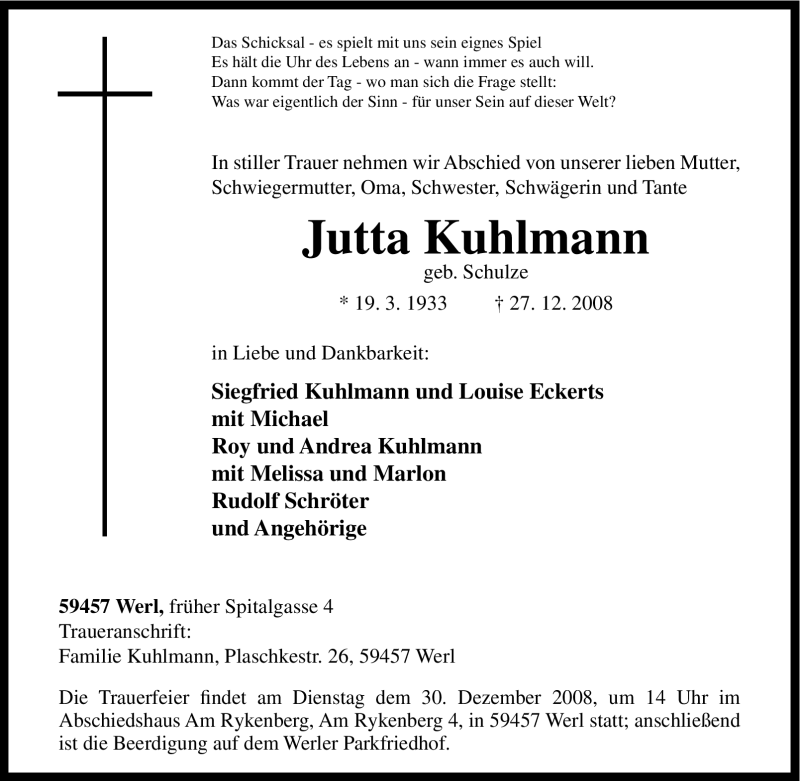 Traueranzeigen Von Jutta Kuhlmann Trauer In Nrw De