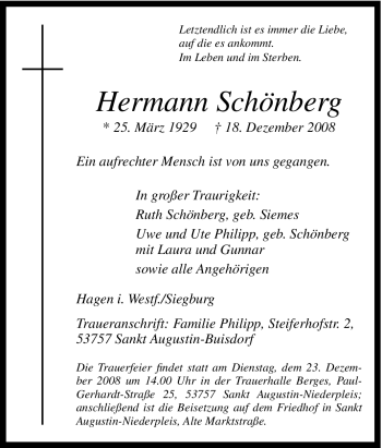 Traueranzeigen von Hermann Schönberg Trauer in NRW de