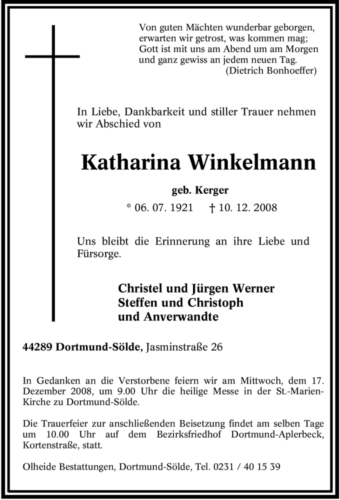 Traueranzeigen Von Katharina Winkelmann Trauer In Nrw De