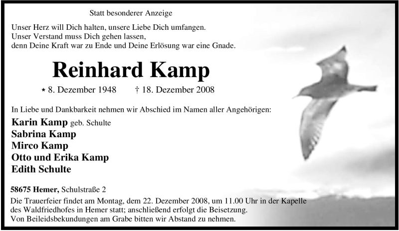 Traueranzeigen Von Reinhard Kamp Trauer In NRW De