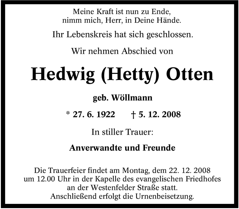 Traueranzeigen Von Hedwig Hetty Otten Trauer In NRW De