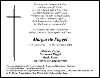 Traueranzeigen Von Margarete Poggel Trauer In Nrw De