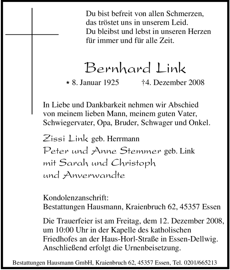 Traueranzeigen Von Bernhard Link Trauer In Nrw De