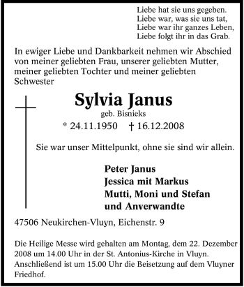 Traueranzeigen Von Sylvia Janus Trauer In NRW De