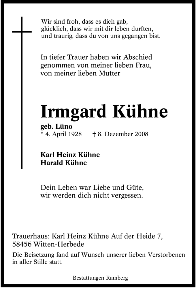 Traueranzeigen von Irmgard Kühne Trauer in NRW de