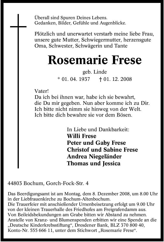 Traueranzeigen Von Rosemarie Frese Trauer In NRW De