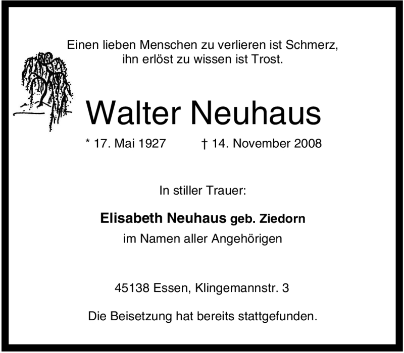 Traueranzeigen Von Walter Neuhaus Trauer In Nrw De