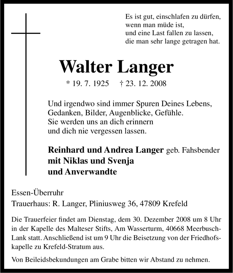 Traueranzeigen Von Walter Langer Trauer In NRW De