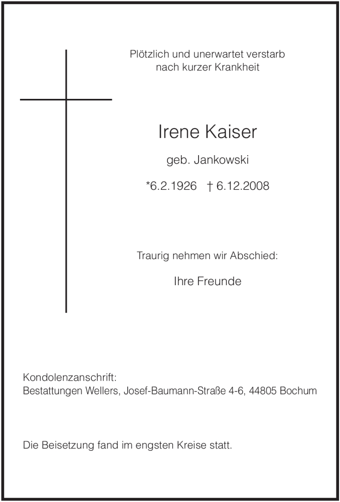 Traueranzeigen Von Irene Kaiser Trauer In Nrw De