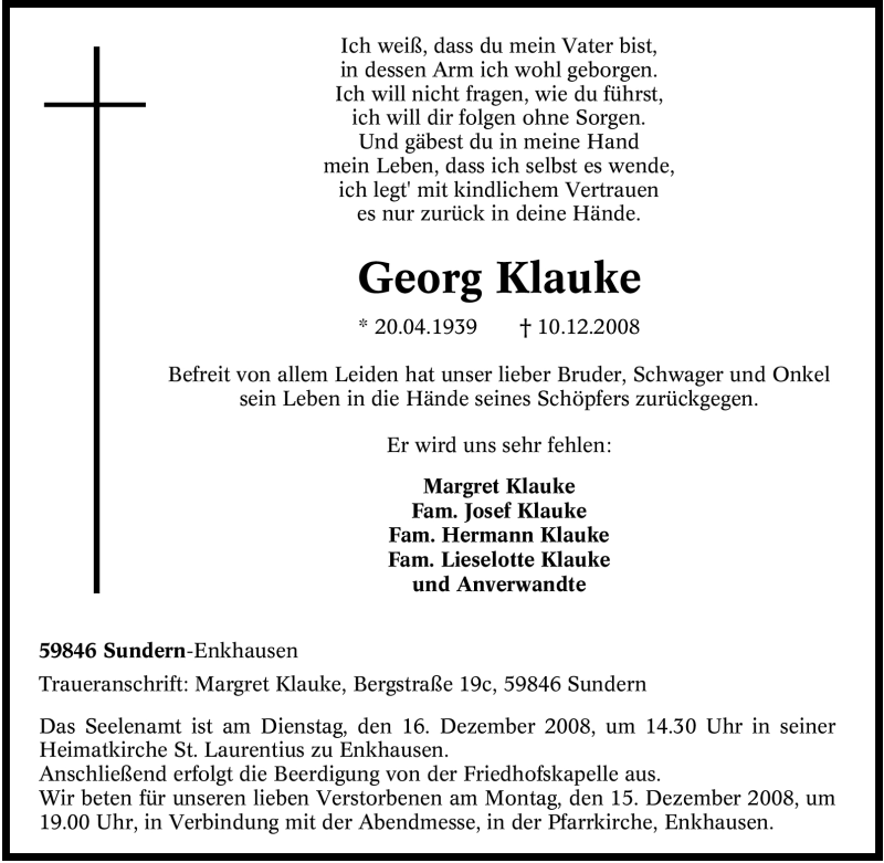 Traueranzeigen Von Georg Klauke Trauer In Nrw De