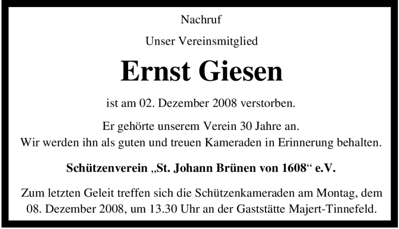 Traueranzeigen Von Ernst Giesen Trauer In Nrw De