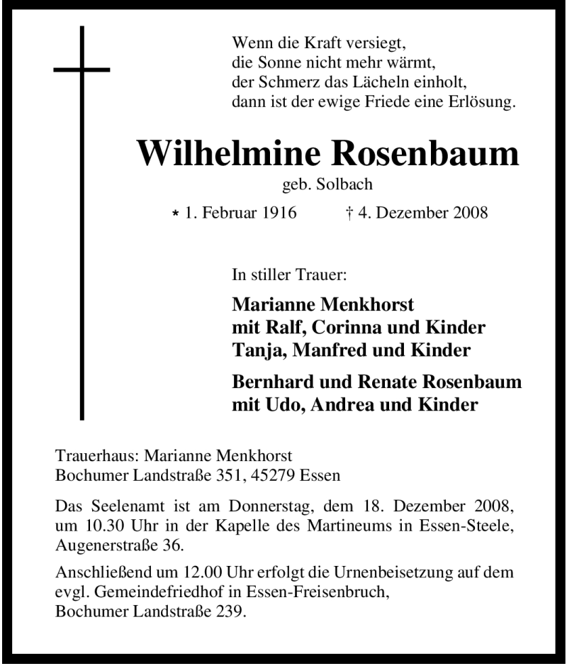 Traueranzeigen Von Wilhelmine Rosenbaum Trauer In NRW De