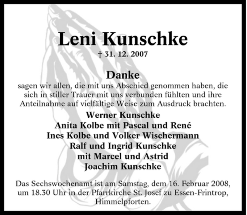 Traueranzeigen Von Leni Kunschke Trauer In Nrw De